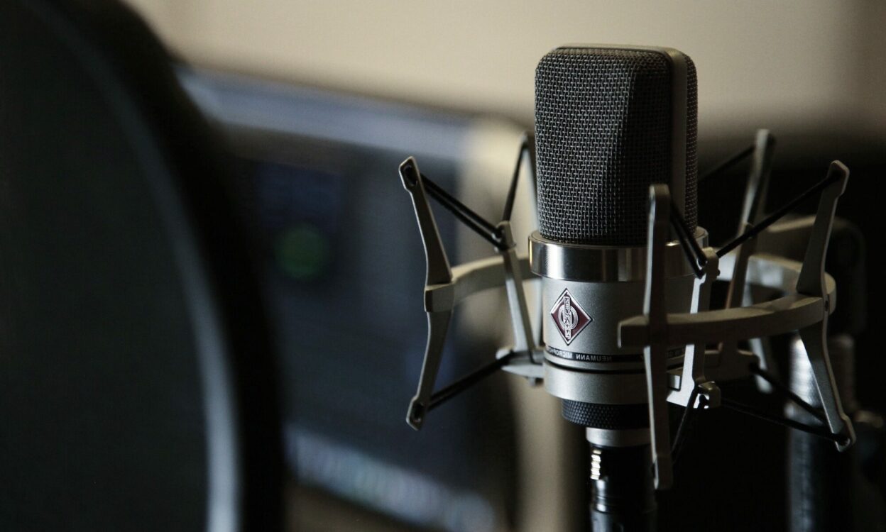 A close up microphone in a recording studio